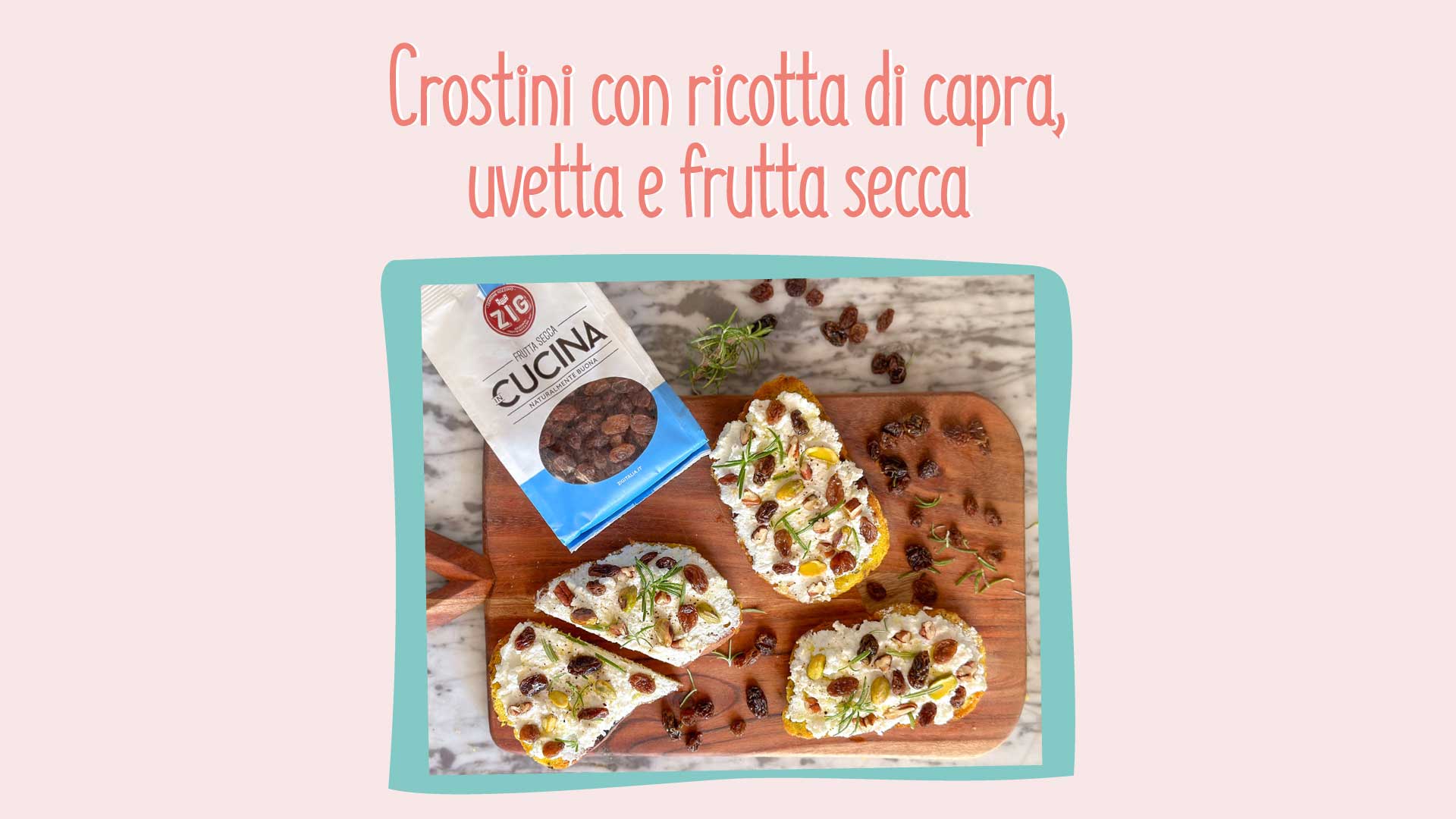 Crostini con ricotta di capra, uva passa e frutta secca: un delizioso antipasto da provare.
