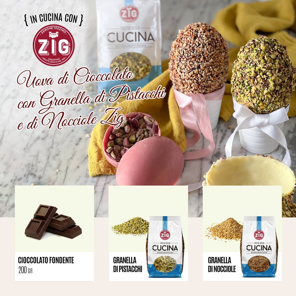 Uova di cioccolato con Granella di Pistacchi e di Nocciole Zig